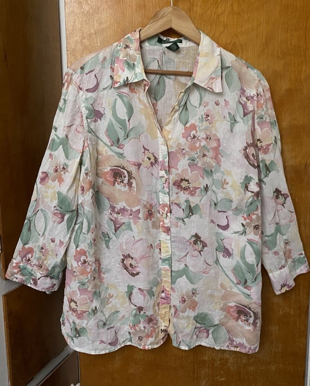Lauren Ralph Lauren Linen Watercolor Floral Button Down Shirt Plus Size 1X
